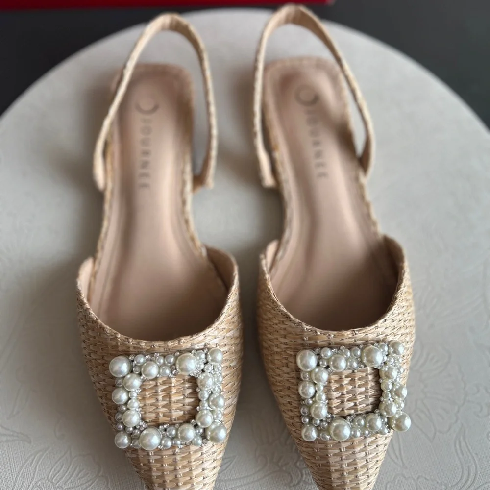 Journee Collection Beige Woven Slingback Flats with Pearl Buckles - Picture 1 of 6